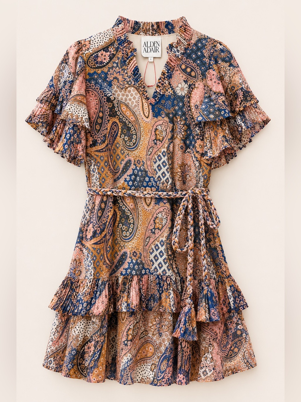Alden Adair Paisley Tiered Mini Dress Braided Belt Boho Large